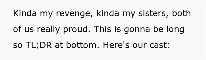 Text on screen showing a story about a lady's revenge involving her sister's bad ex and a baby's name. Text on screen showing a story about a lady's revenge involving her sister's bad ex and a baby's name.