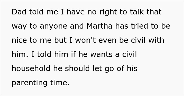 Text excerpt showing a daughter refusing to accept her stepmom and blaming her dad for strained family relationships. Text excerpt showing a daughter refusing to accept her stepmom and blaming her dad for strained family relationships.
