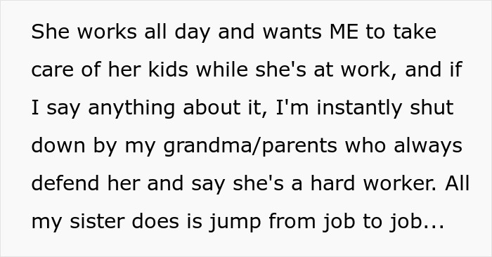 Text excerpt about a 17-year-old babysitting sister’s kids without payment or respect, expressing frustration.