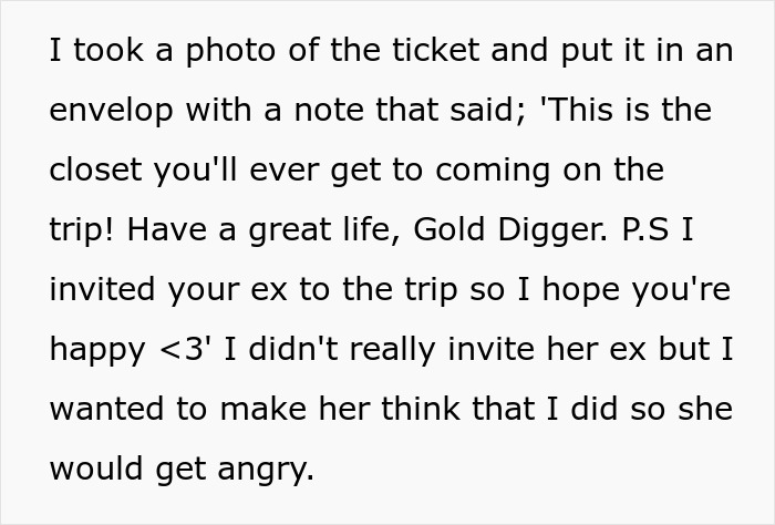 Note with a sarcastic message exposing gold digger holiday friend drama by pretending to invite an ex on a trip to cause anger. Note with a sarcastic message exposing gold digger holiday friend drama by pretending to invite an ex on a trip to cause anger.