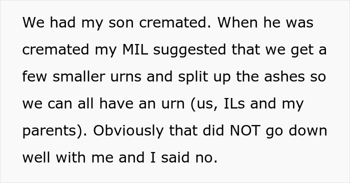 Text on screen about family drama involving entitlement and stealing grandson’s ashes causing conflict.