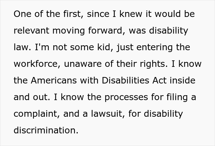 Text excerpt discussing knowledge of disability law, Americans with Disabilities Act, and disability discrimination complaints.