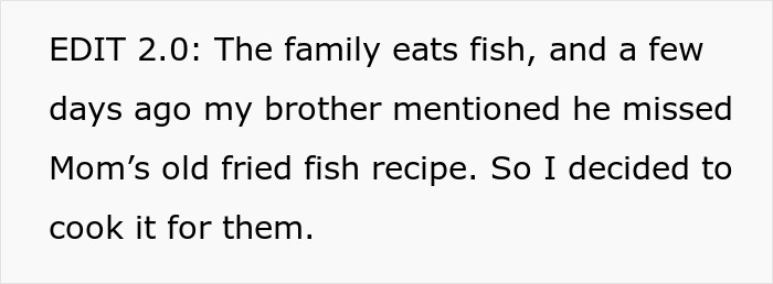 Text on a white background describing cooking fish for a family, related to family’s entitled behavior and being hungry.