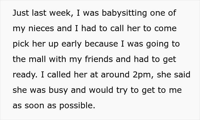 Text excerpt about babysitting struggles, highlighting unpaid childcare and lack of respect in family caregiving.