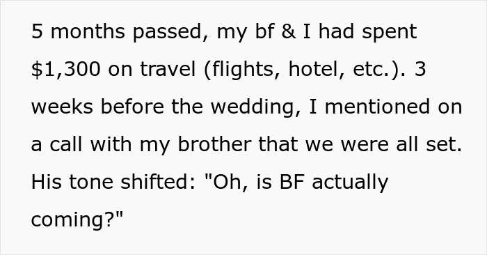 Text on screen describing a gay man spending $1,300 to attend twin’s wedding with partner, then told he was not invited. Text on screen describing a gay man spending $1,300 to attend twin’s wedding with partner, then told he was not invited.