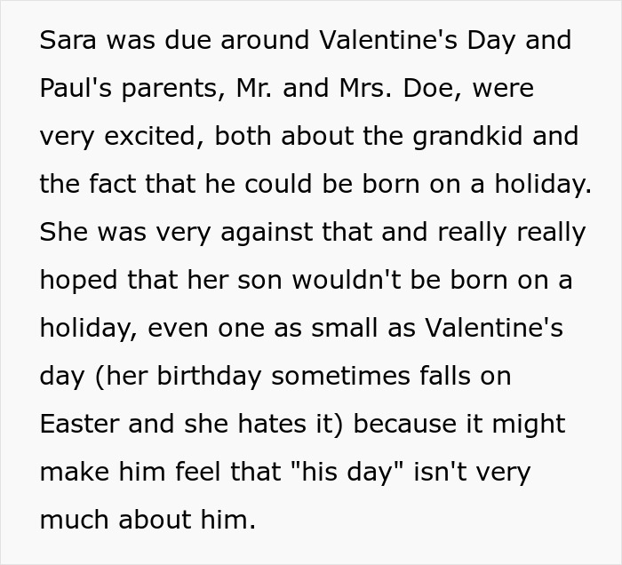 Text paragraph explaining family tensions around a baby potentially born on Valentine's Day holiday. Text paragraph explaining family tensions around a baby potentially born on Valentine's Day holiday.