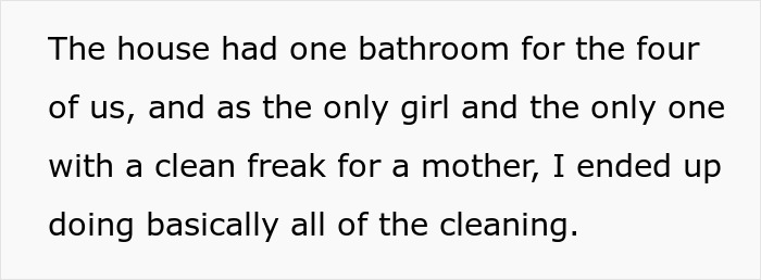 Text excerpt describing one female roommate doing most of the cleaning in a shared house with college students. Text excerpt describing one female roommate doing most of the cleaning in a shared house with college students.