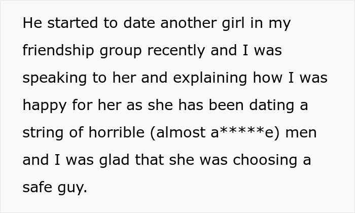 Text excerpt discussing a woman revisiting a past breakup after learning her friend was the other woman.