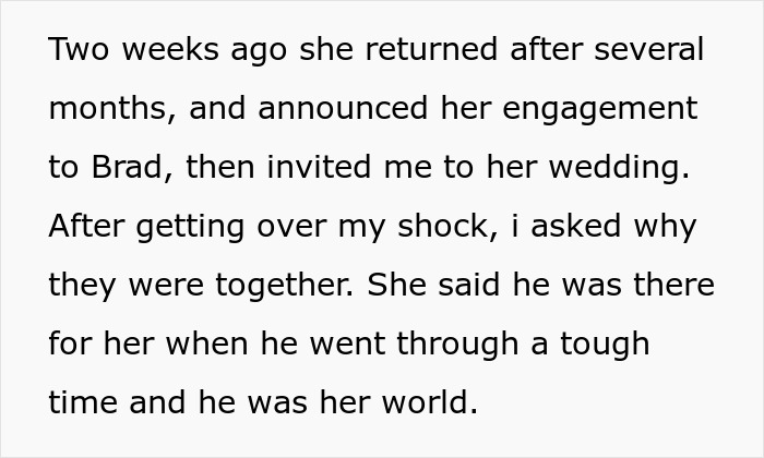 Text excerpt describing a woman’s surprise engagement after urging a friend to cut off a guy due to conflict.