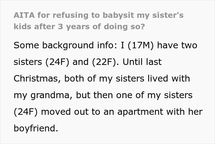 Alt text: Teen refuses to babysit sister’s kids after years without payment or respect, setting boundaries at age 17.