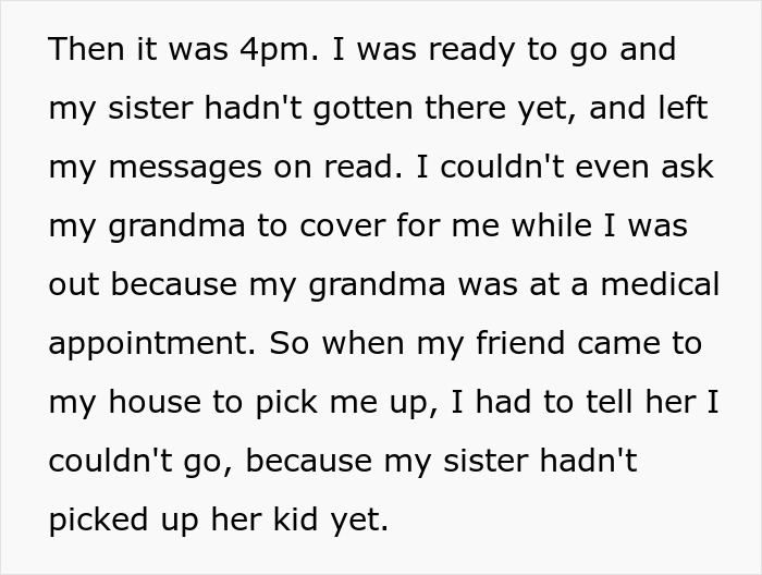 Text excerpt about a 17-year-old refusing to babysit sister’s kids without payment or respect after being left waiting.