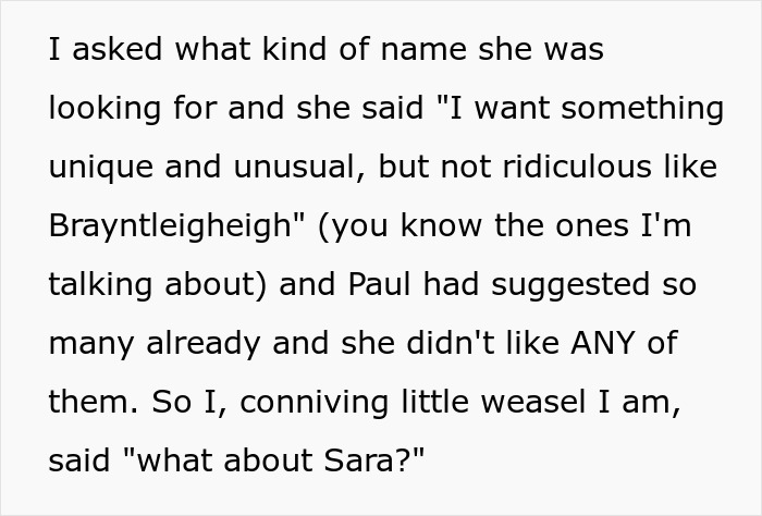 Text excerpt about convincing his wife's baby name, highlighting revenge on sister's bad ex with clever naming strategy. Text excerpt about convincing his wife's baby name, highlighting revenge on sister's bad ex with clever naming strategy.