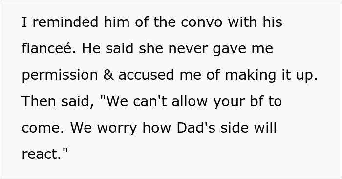 Text excerpt showing a conversation about permission and concerns over a gay man attending twin’s wedding with partner. Text excerpt showing a conversation about permission and concerns over a gay man attending twin’s wedding with partner.