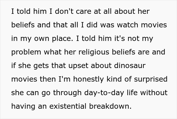 Text excerpt discussing a woman who doesn't believe in dinosaurs and reacts strongly to dinosaur movies. Text excerpt discussing a woman who doesn't believe in dinosaurs and reacts strongly to dinosaur movies.
