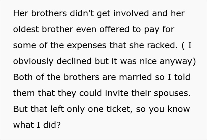 Text excerpt about siblings and expenses, illustrating gold-digger holiday friend drama involving offers to pay and limited invitations. Text excerpt about siblings and expenses, illustrating gold-digger holiday friend drama involving offers to pay and limited invitations.