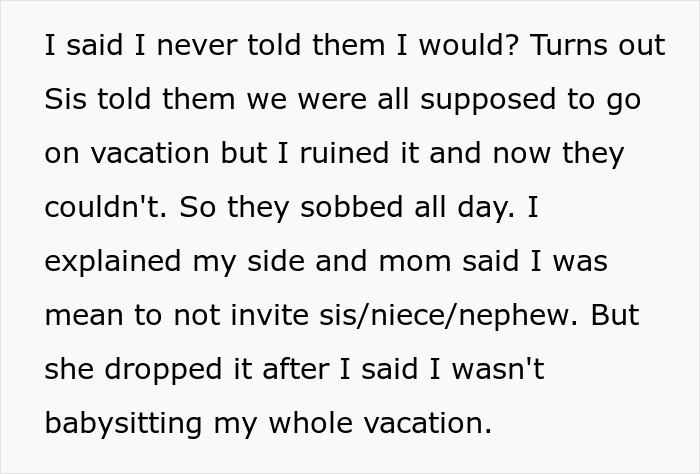 Text conversation about vacation rift as woman chooses friend over sister and niblings, causing family tension on the trip. Text conversation about vacation rift as woman chooses friend over sister and niblings, causing family tension on the trip.