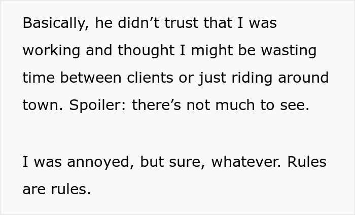 Text about boss telling guy to message after every client and the guy feeling annoyed but following rules anyway.