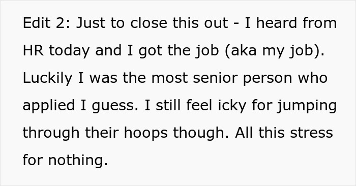 Text excerpt discussing the experience of work making reapply position and feelings after securing the job. Text excerpt discussing the experience of work making reapply position and feelings after securing the job.