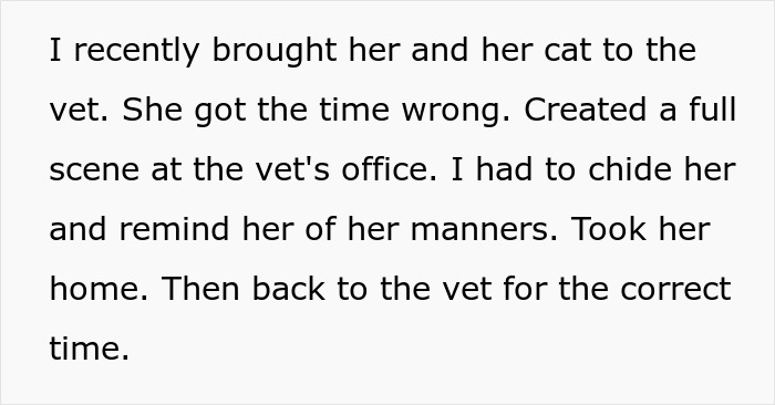 Text describing a woman living quietly until coworker moves in, starting to demand rides without notice or tact.