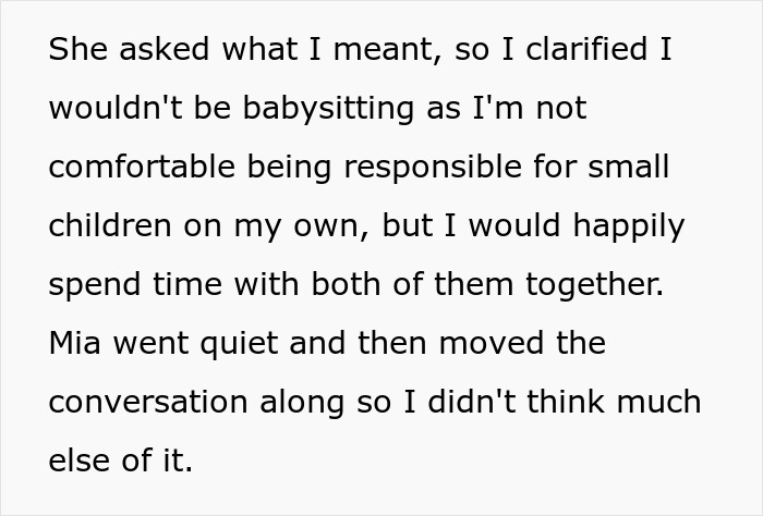 Text excerpt from a story about a woman discussing babysitting with her friend, linked to single mom challenges. Text excerpt from a story about a woman discussing babysitting with her friend, linked to single mom challenges.
