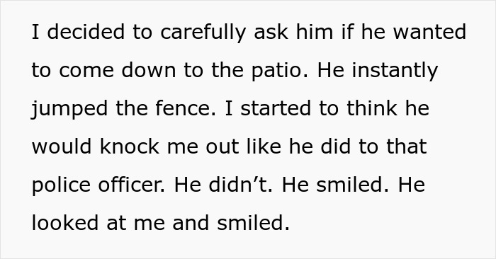 Text excerpt describing a man’s unexpected behavior on a patio, touching on autism and uneasy feelings. Text excerpt describing a man’s unexpected behavior on a patio, touching on autism and uneasy feelings.