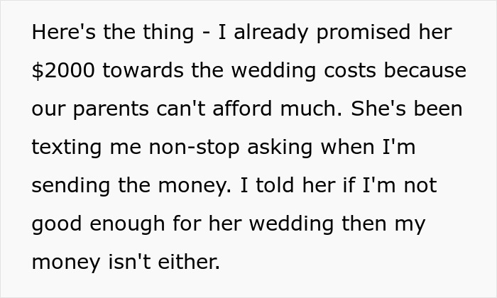 Text about promising $2000 for wedding costs, mentioning groom refusing to lend money after bride bans him from event. Text about promising $2000 for wedding costs, mentioning groom refusing to lend money after bride bans him from event.