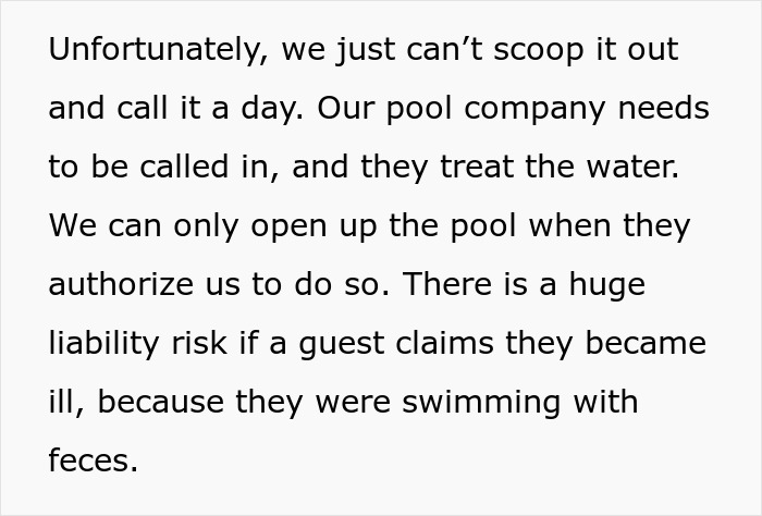 Pool company treating hotel pool water after a kid’s poop incident to prevent health risks and liability claims.