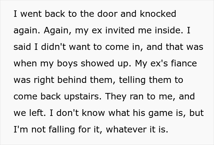 Text excerpt describing a lady suspecting her ex's stepkid might want to snoop and refusing to let him use her bathroom. Text excerpt describing a lady suspecting her ex's stepkid might want to snoop and refusing to let him use her bathroom.
