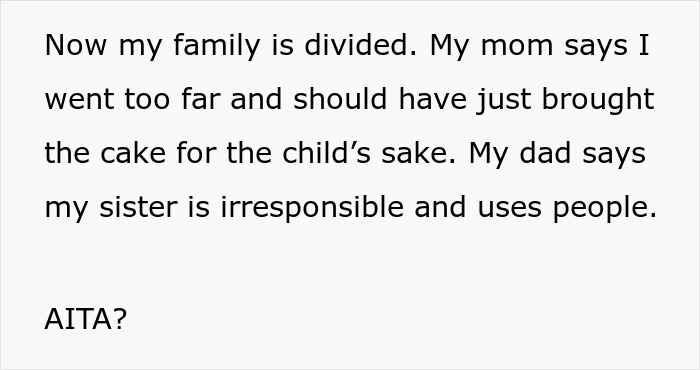 Family drama unfolds after sister says aunt with no kids should pay for cake, leading to party cancellation dispute. Family drama unfolds after sister says aunt with no kids should pay for cake, leading to party cancellation dispute.