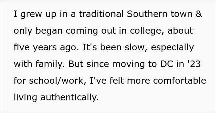Text excerpt from a gay man sharing his experience growing up in a Southern town and living authentically in DC. Text excerpt from a gay man sharing his experience growing up in a Southern town and living authentically in DC.
