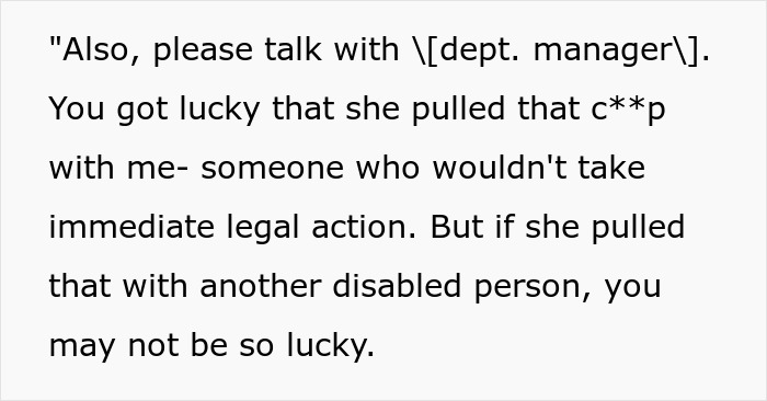 Text excerpt discussing an ableist manager refusing accommodation, warning of legal consequences for disabled employees.