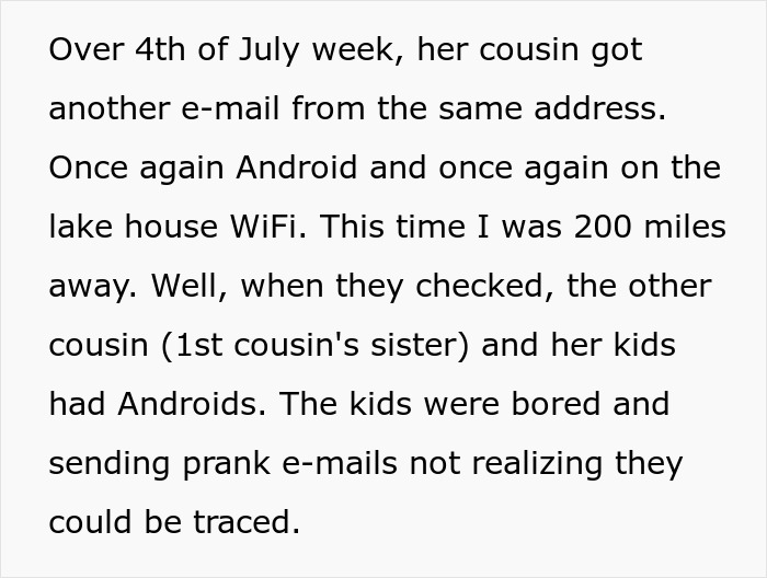 Paragraph about false accusation wife father discussing an email prank traced to children on Android devices.