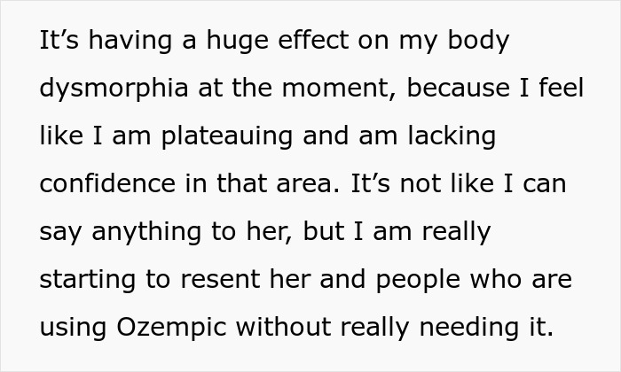 Text on a white background describing the emotional impact on body dysmorphia and resentment toward loved ones using Ozempic. Text on a white background describing the emotional impact on body dysmorphia and resentment toward loved ones using Ozempic.