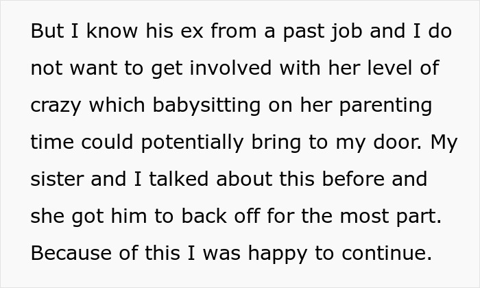 Text excerpt discussing a woman quitting babysitting after brother-in-law shows up with kids she never met expecting free care. Text excerpt discussing a woman quitting babysitting after brother-in-law shows up with kids she never met expecting free care.