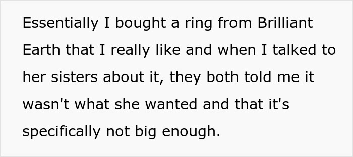 Text message about buying a small proposal ring, with sisters saying the ring for girlfriend isn't big enough.