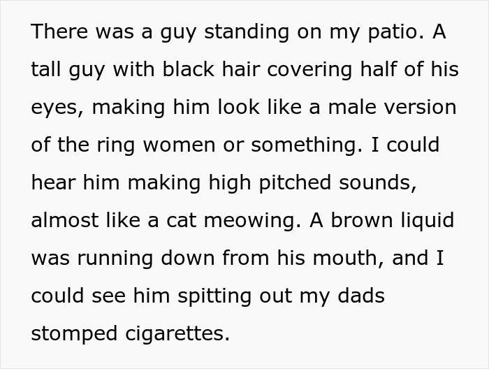 Man standing on patio with black hair covering eyes making high-pitched sounds and spitting out cigarettes, autism creepy behavior. Man standing on patio with black hair covering eyes making high-pitched sounds and spitting out cigarettes, autism creepy behavior.
