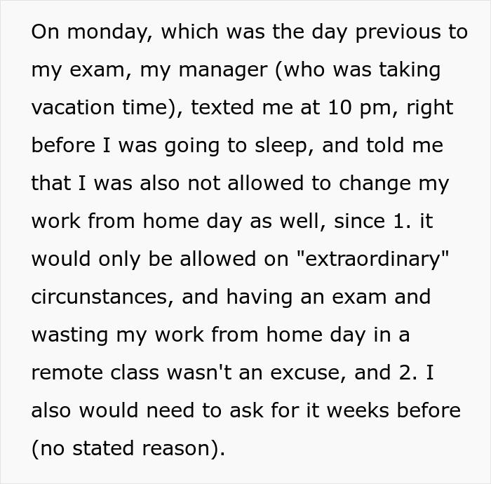 Text message from manager denying work from home day before exam, highlighting boss stealing days of pay and whistleblower actions. Text message from manager denying work from home day before exam, highlighting boss stealing days of pay and whistleblower actions.