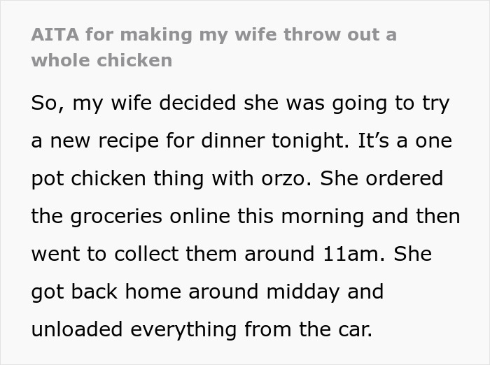 Text excerpt about wife leaving raw chicken in car trunk, husband calls it biohazard and refuses to eat dinner. Text excerpt about wife leaving raw chicken in car trunk, husband calls it biohazard and refuses to eat dinner.