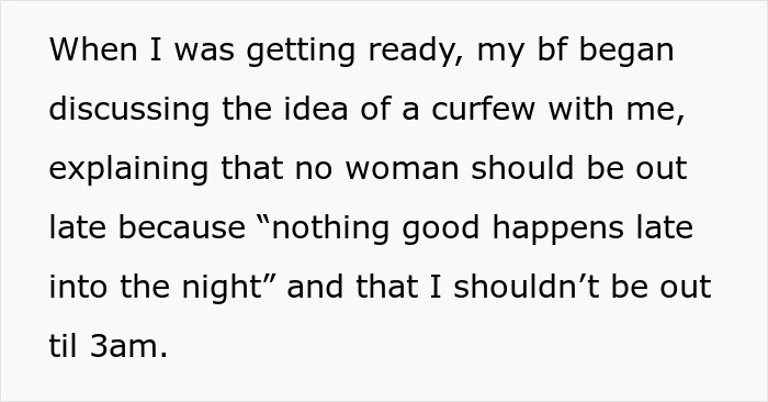 Text describing a woman rethinking her relationship after a red-flag argument with her boyfriend about curfew rules. Text describing a woman rethinking her relationship after a red-flag argument with her boyfriend about curfew rules.