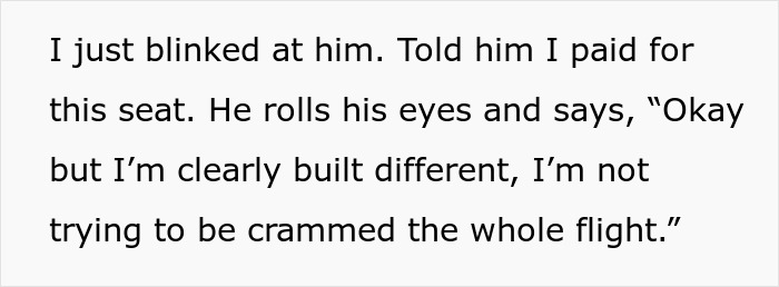 Text excerpt showing a man invading woman’s space on a flight after she declines to swap seats.