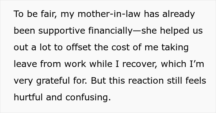 Text excerpt discussing a woman battling cancer recovering with financial help from her mother-in-law but facing emotional challenges. Text excerpt discussing a woman battling cancer recovering with financial help from her mother-in-law but facing emotional challenges.