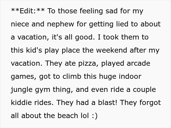 Text excerpt explaining a vacation rift where a woman picks her friend over sister and niblings for the trip. Text excerpt explaining a vacation rift where a woman picks her friend over sister and niblings for the trip.