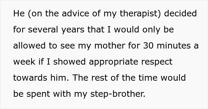 Text excerpt showing a woman’s experience with her unhinged stepfather limiting her time with her mother. Text excerpt showing a woman’s experience with her unhinged stepfather limiting her time with her mother.
