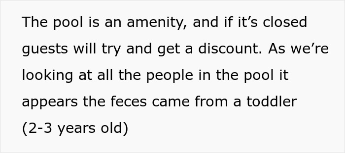 Hotel pool scene with guests swimming, and incident involving kid poop affecting hotel pool amenity.
