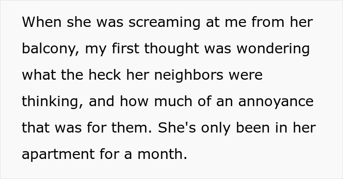 Text excerpt showing a woman describing her coworker's loud behavior from a balcony after moving in nearby.