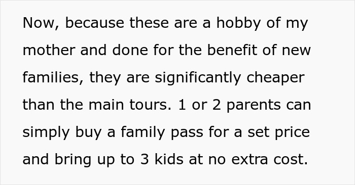 Text excerpt discussing a tour company's family pass pricing benefits and policies for new families.