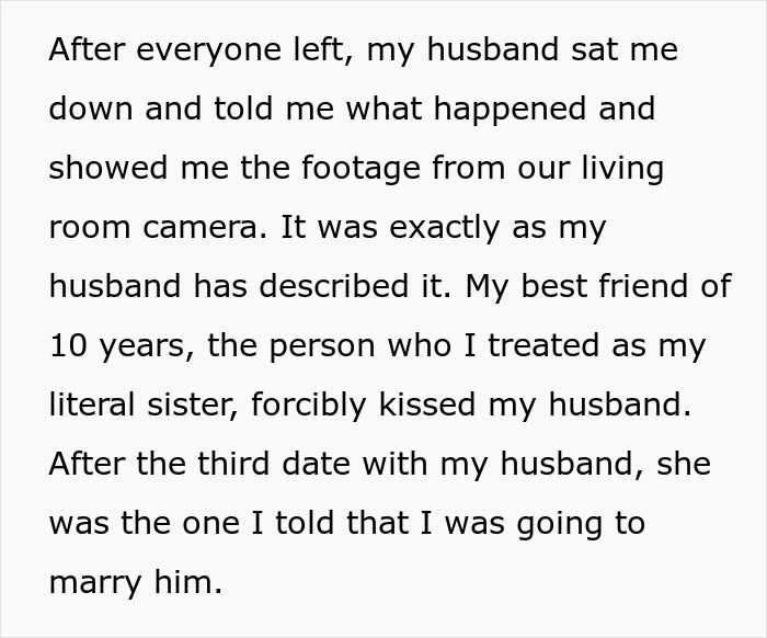 Text excerpt about a shocked wife discovering her bestie forcefully kissed her husband, raising questions of an affair. Text excerpt about a shocked wife discovering her bestie forcefully kissed her husband, raising questions of an affair.