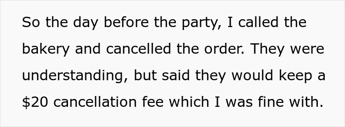 Text about cancelling a party cake order and a $20 cancellation fee, linked to aunt and sister party drama. Text about cancelling a party cake order and a $20 cancellation fee, linked to aunt and sister party drama.