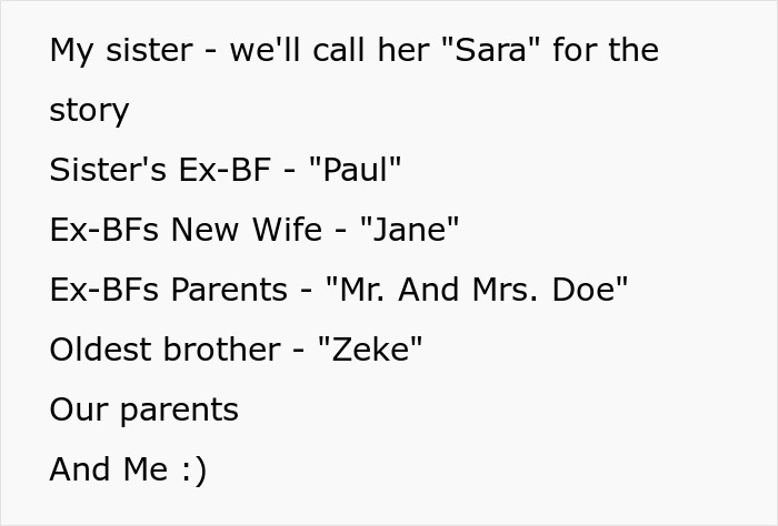 Text describing characters involved in lady's revenge on sister's bad ex by convincing his wife to unknowingly name their baby. Text describing characters involved in lady's revenge on sister's bad ex by convincing his wife to unknowingly name their baby.