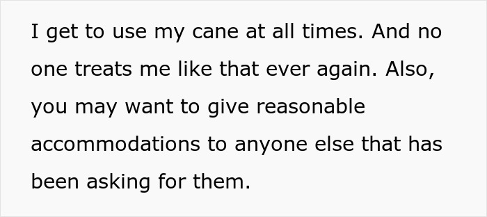 Text stating a disabled employee uses a cane and emphasizes the importance of reasonable accommodations from an ableist manager.